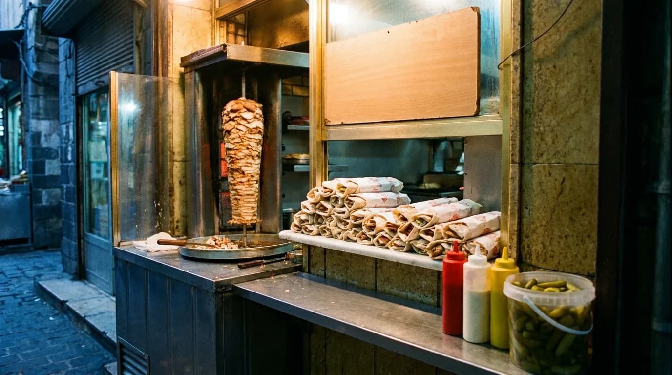 A narrow takeaway counter with a vertical rotisserie spit turning behind glass, a stack of paper-wrapped sandwiches on the ledge and a handwritten-style board above with no readable text