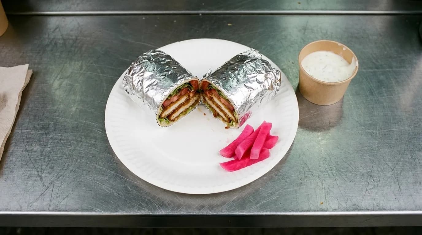 A foil-wrapped sandwich cut in half on a paper plate, the filling spilling slightly, beside a small tub of white sauce and pickled turnips on a metal counter