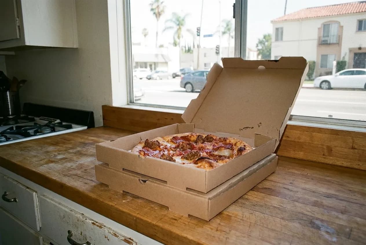 Two pizza boxes stacked on a kitchen counter, one plain and one printed blank