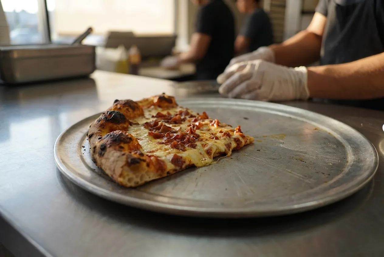 A wedge of pizza on a metal tray with the crust edge blistered