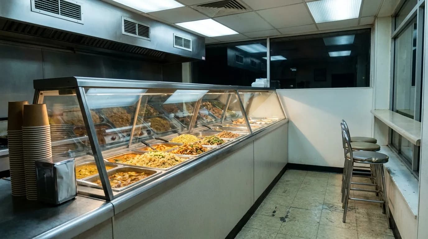 A fluorescent-lit fast-food counter with steel trays behind glass, stacked paper cups and a narrow standing ledge along the window