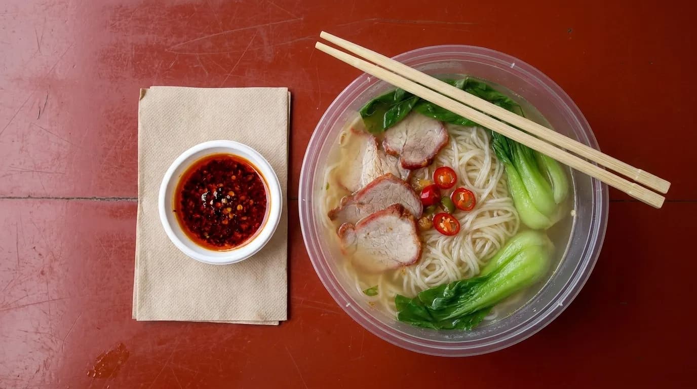 A styrofoam container of hand-pulled noodles in broth on a laminate table with chopsticks resting across the rim and a small dish of chilli oil beside it