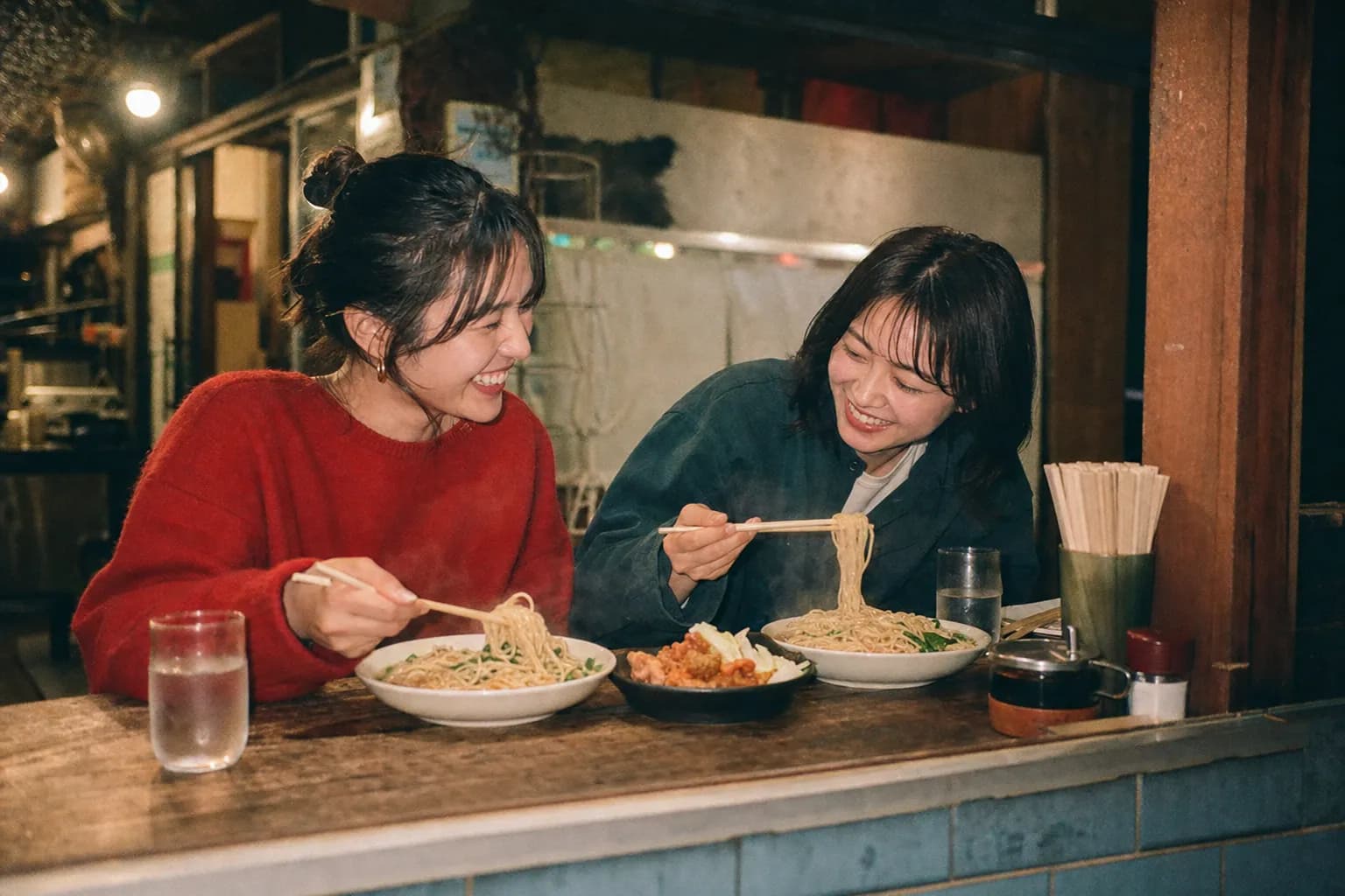 Two friends sharing an inexpensive comforting meal at a cozy neighborhood counter at night