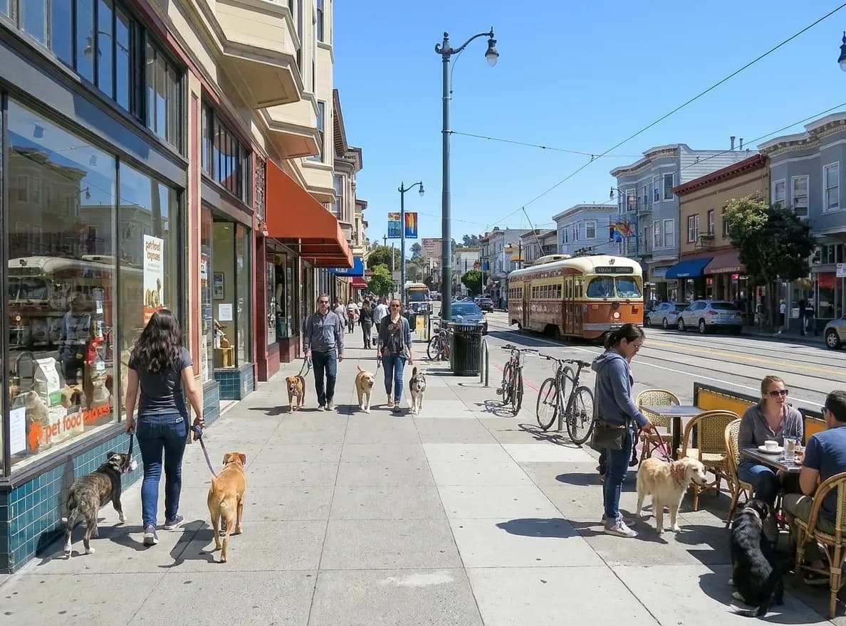 Market Street in San Francisco's Castro district with Pet Food Express storefront and Muni tracks