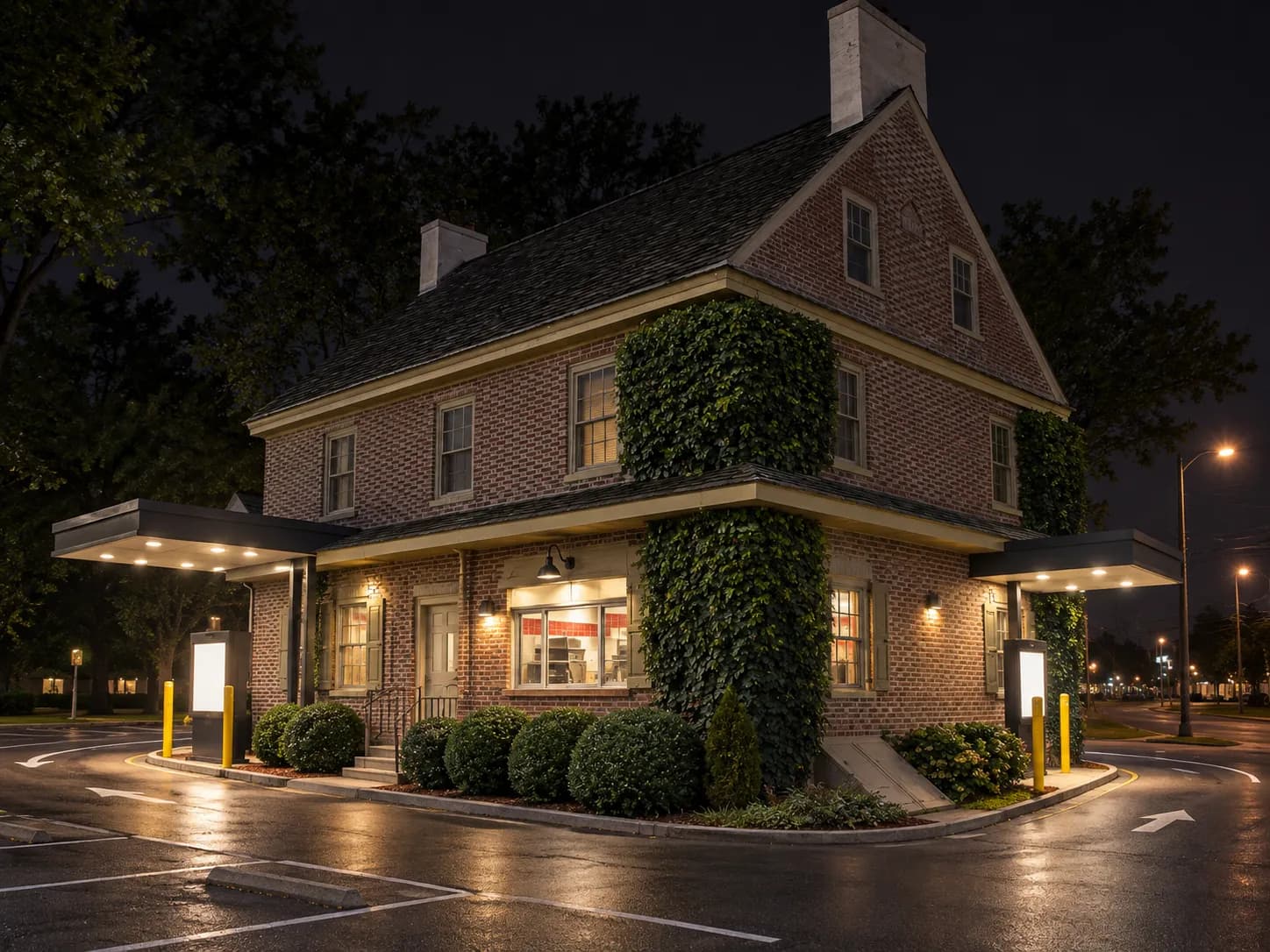 Small freestanding fast-food building at night with drive-thru lanes marked on the asphalt either side and illuminated canopies over each order point
