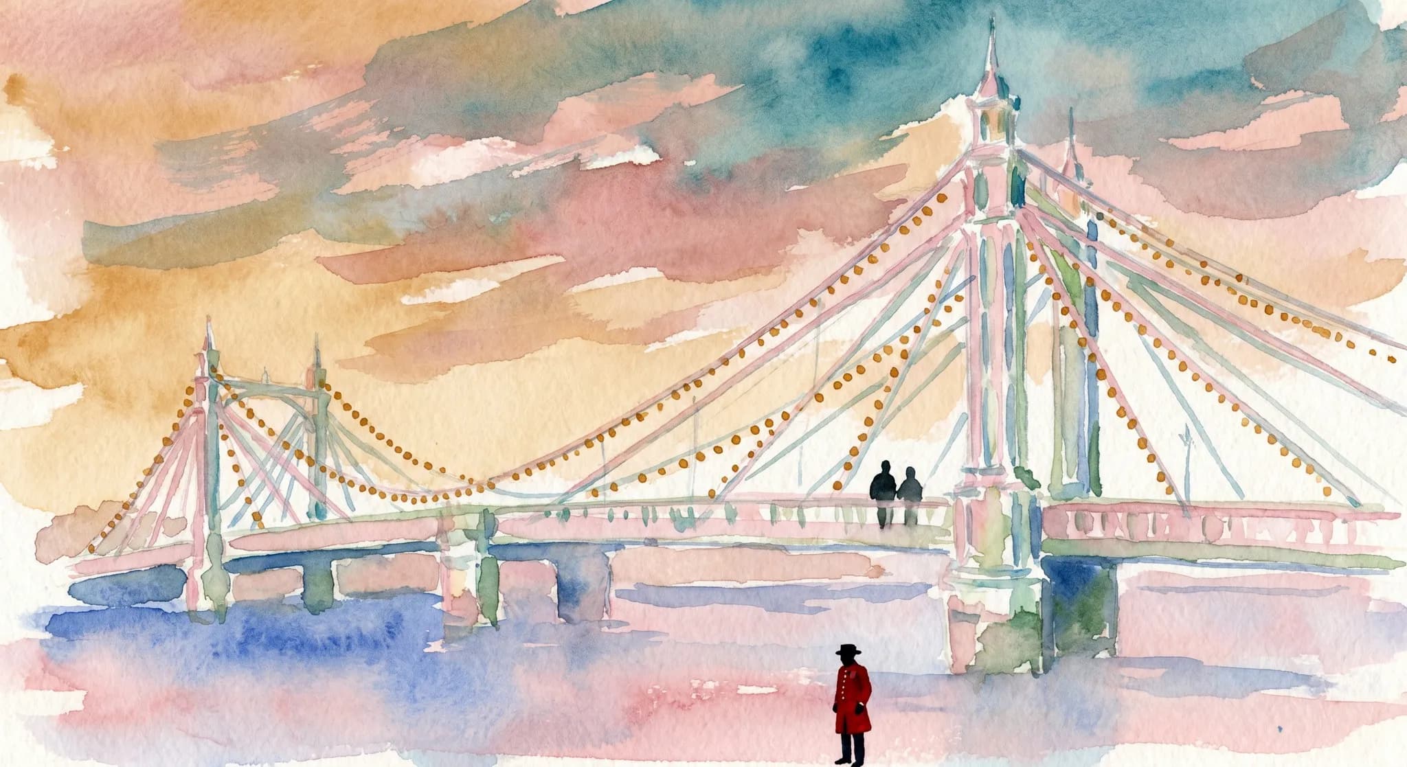 AI-generated watercolor: Albert Bridge in London at golden hour in late May, the iconic Victorian suspension bridge with its three-color paintwork rendered impressionistically, fairy-light strands across the cables glowing as warm ochre dots, Thames water below as a soft cobalt-pink wash, two pedestrians as pure dark silhouettes walking south across the bridge, a single Chelsea Pensioner figure in red coat as a tiny dark silhouette in the foreground, soft May sky with brush-stroke clouds