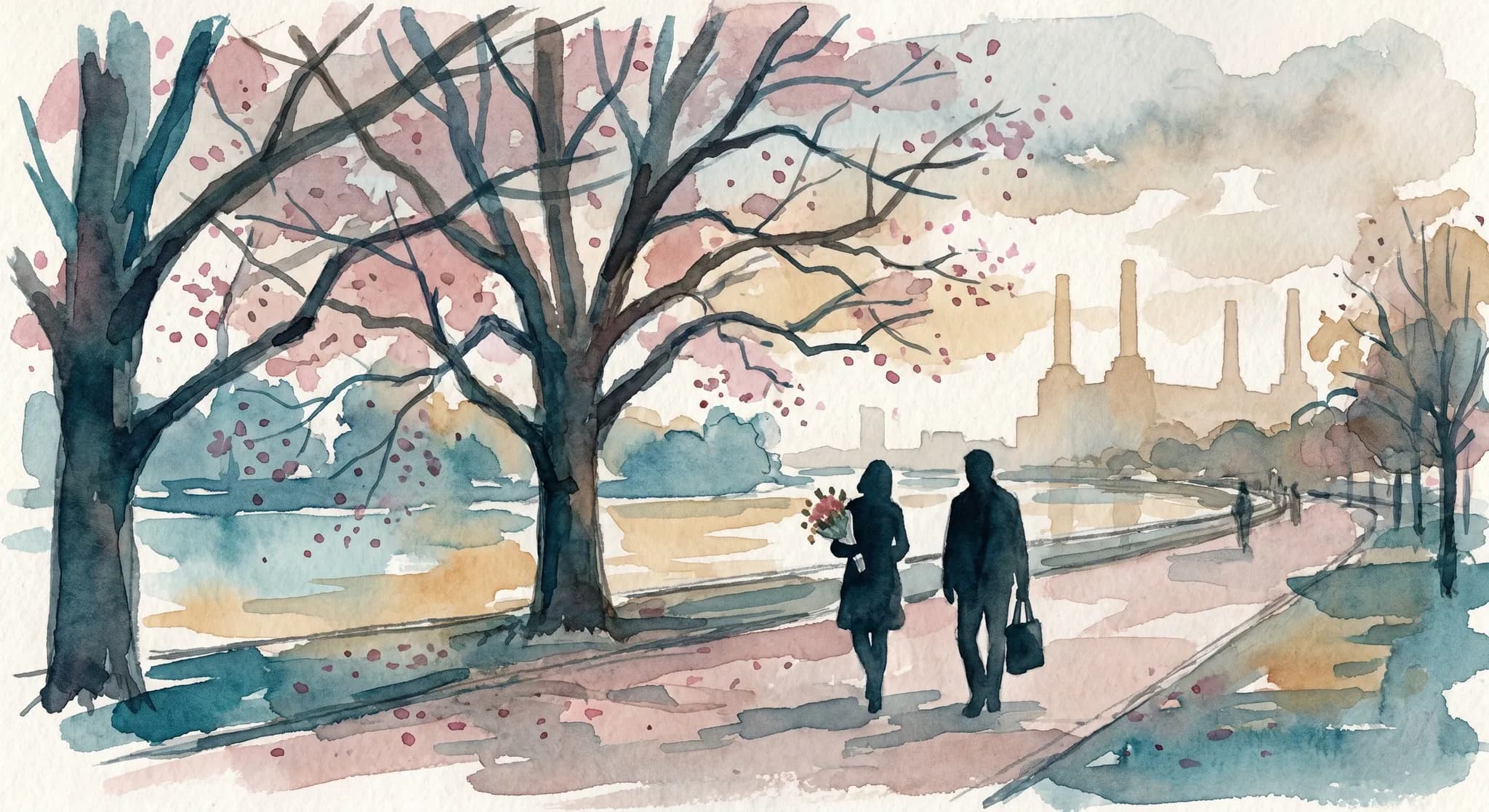 AI-generated watercolor: a wide tree-lined riverside path along Battersea Park in London at late afternoon, mature plane trees overhanging the path, cherry blossom petals still on a few branches as dusty pink dots, the Thames river visible through gaps in the trees as a soft wash, two solo walkers as pure dark silhouettes — one with a small bouquet of flowers in hand, one with a tote bag, soft brush-stroke clouds, atmospheric haze, distant chimneys of Battersea Power Station as four faint pale silhouettes in the background