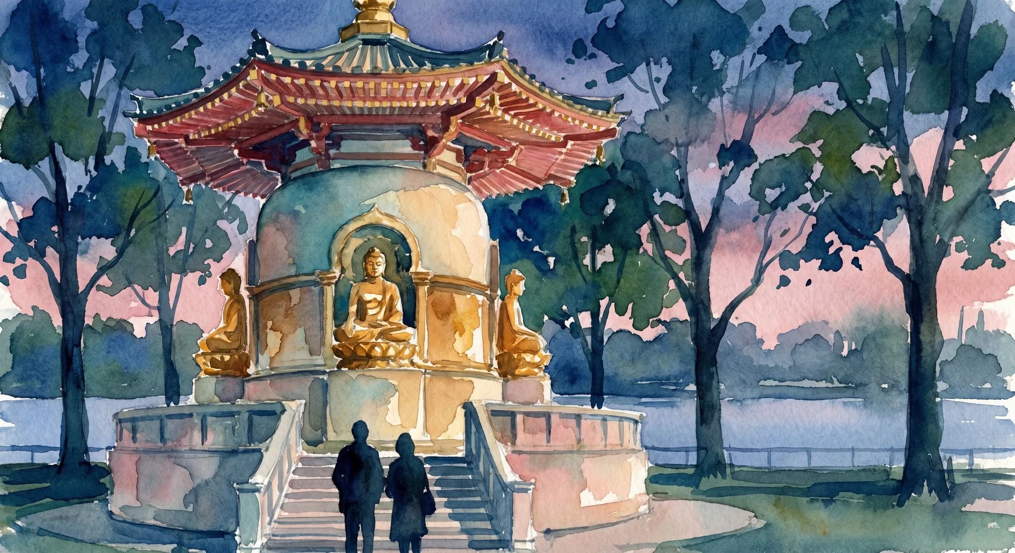AI-generated watercolor: blue-hour close-up of the Battersea Peace Pagoda in London, the gleaming gilded statues of Buddha visible around the dome in profile rendered with warm ochre highlights, the multi-tiered red-and-gold roof in impressionistic washes, surrounded by tall plane trees, the Thames visible behind it as a soft cobalt wash, two visitors as pure dark silhouettes standing in quiet contemplation at the base of the steps, soft brush-stroke deep cobalt evening sky