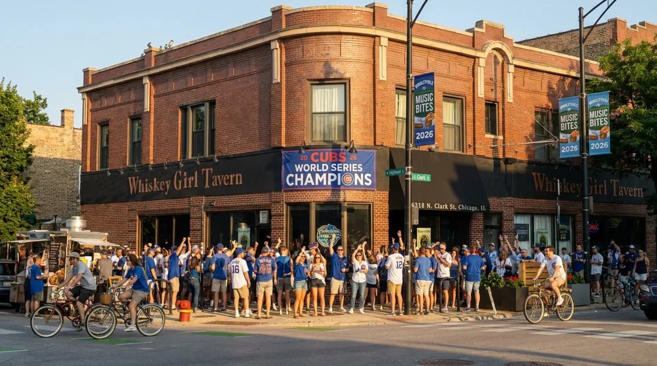 Crowd gathering outside Wrigley Field on a sunny game day in Chicago's Wrigleyville neighborhood