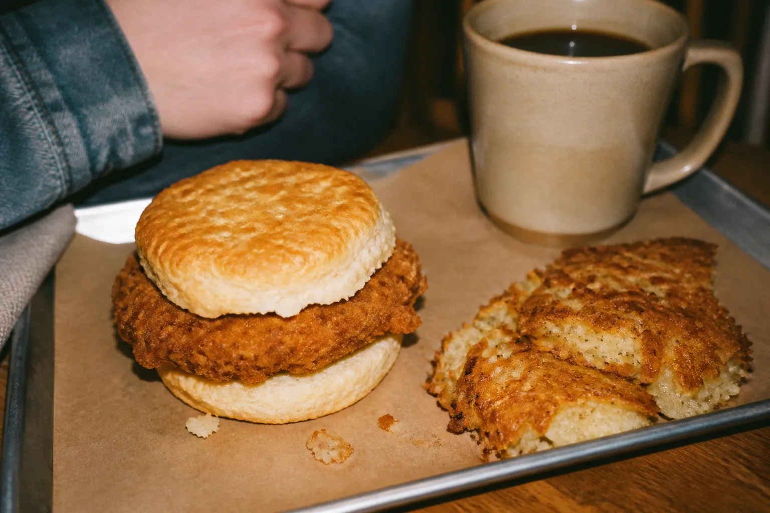 A warm chicken biscuit next to a serving of crispy hash browns on a breakfast tray