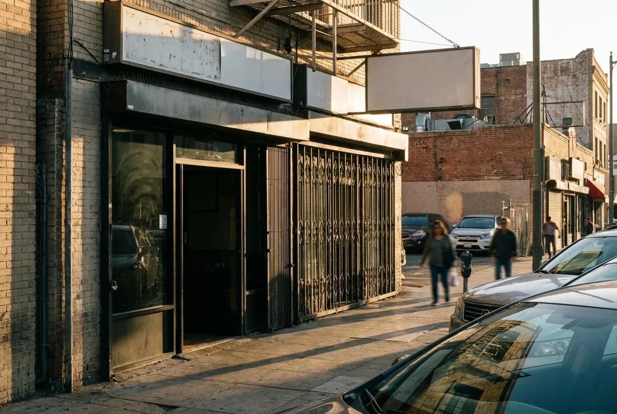 A Vietnamese restaurant storefront with security grating in Los Angeles Chinatown during afternoon light