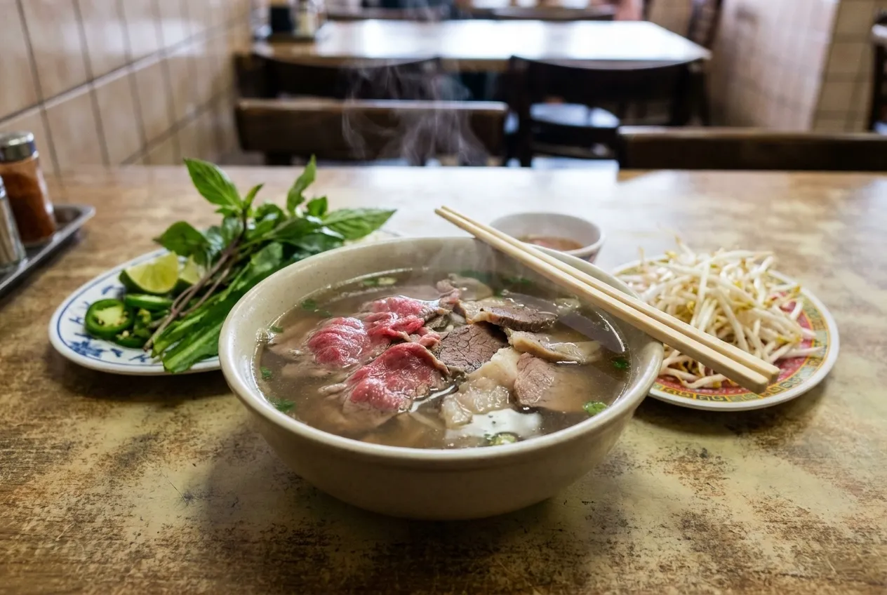An overhead view of a beef pho bowl with fresh herbs and garnishes on a restaurant table