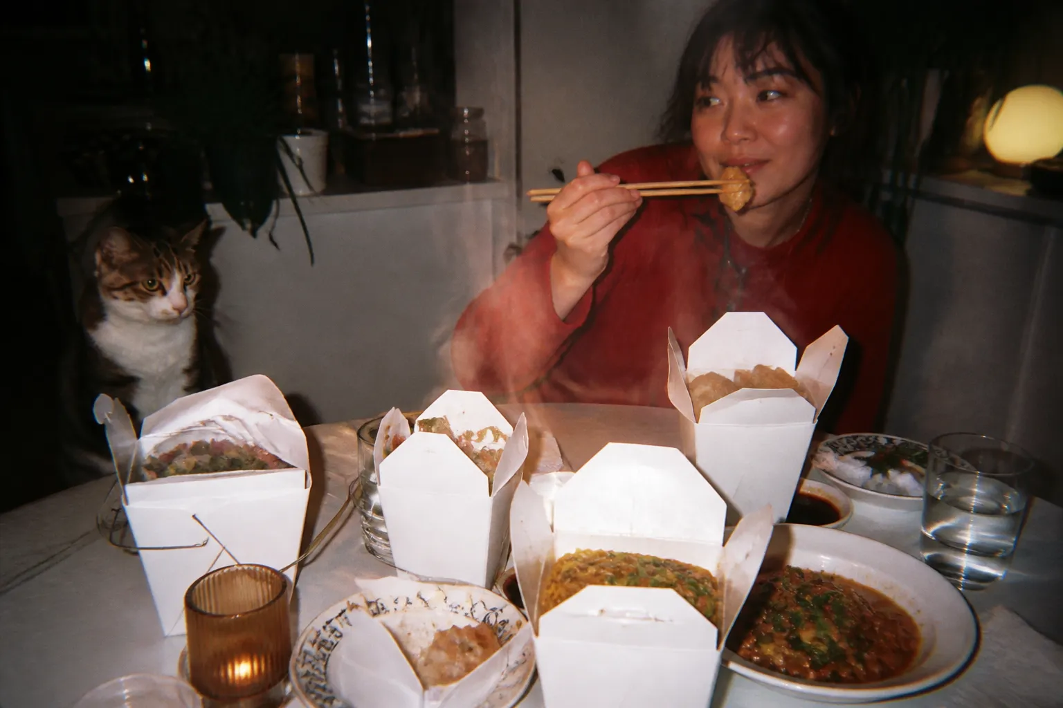 Steaming takeout cartons of Chinese food on a kitchen table at night