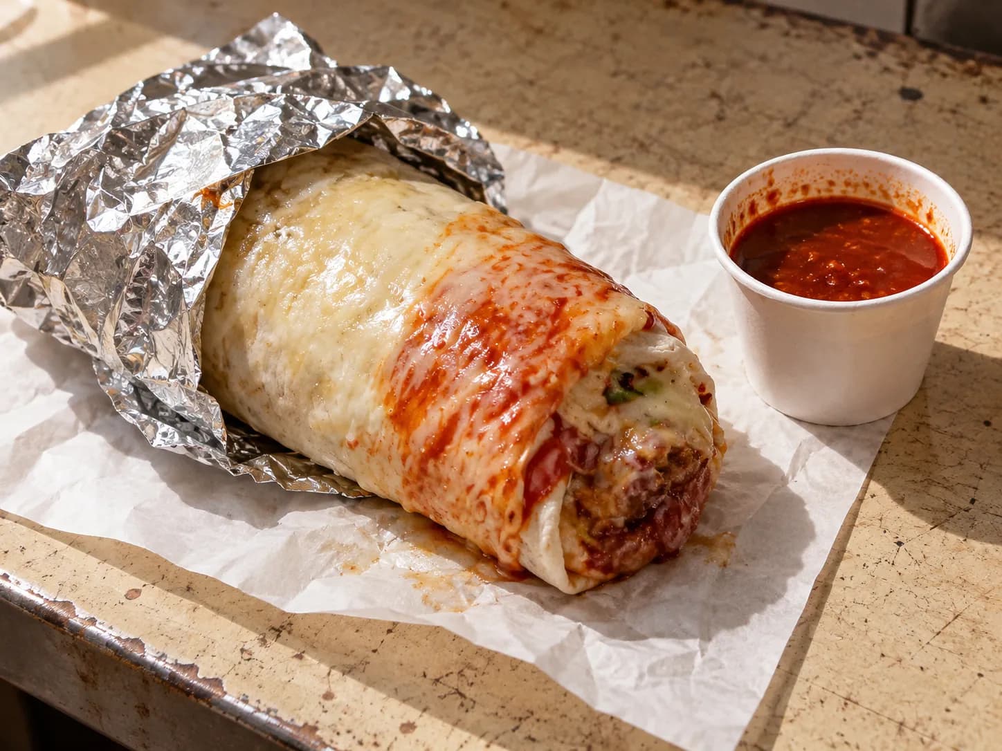 A foil-wrapped burrito opened on paper on a worn counter