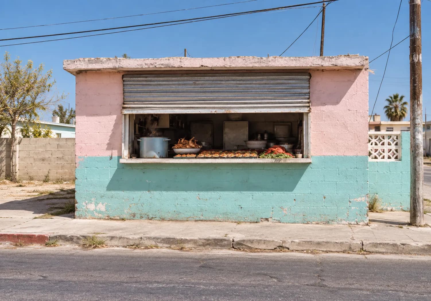 A small tiled walk-up food counter on a wide sunlit street