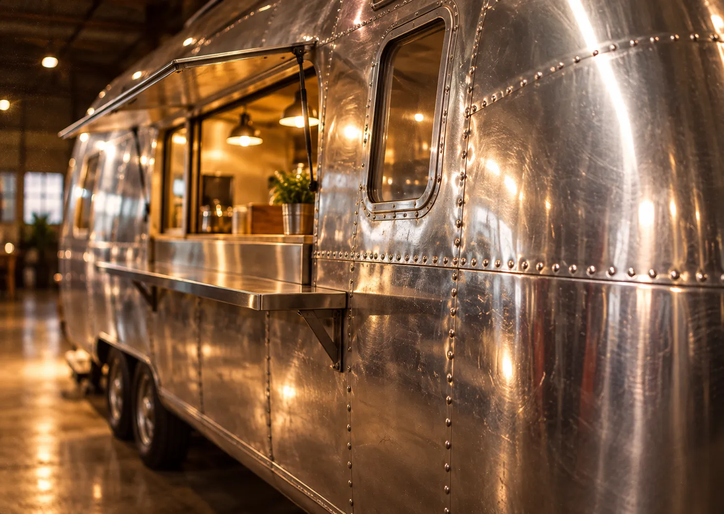 The polished aluminium flank of a vintage caravan indoors