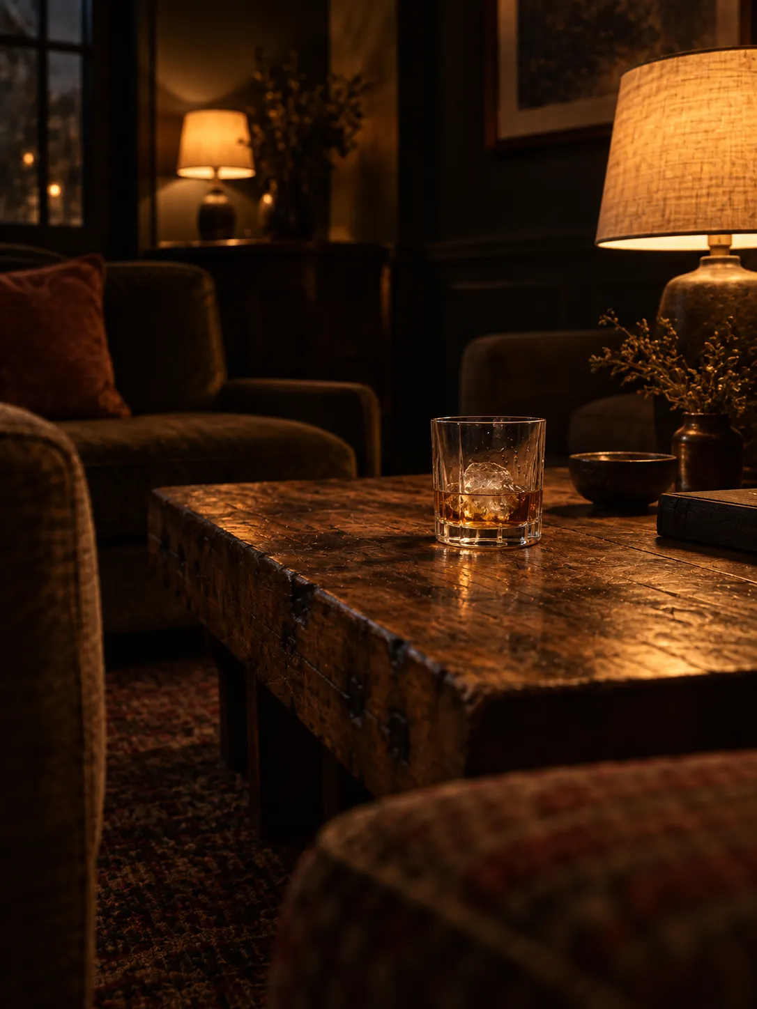 A dim lounge with low seating and warm lamps