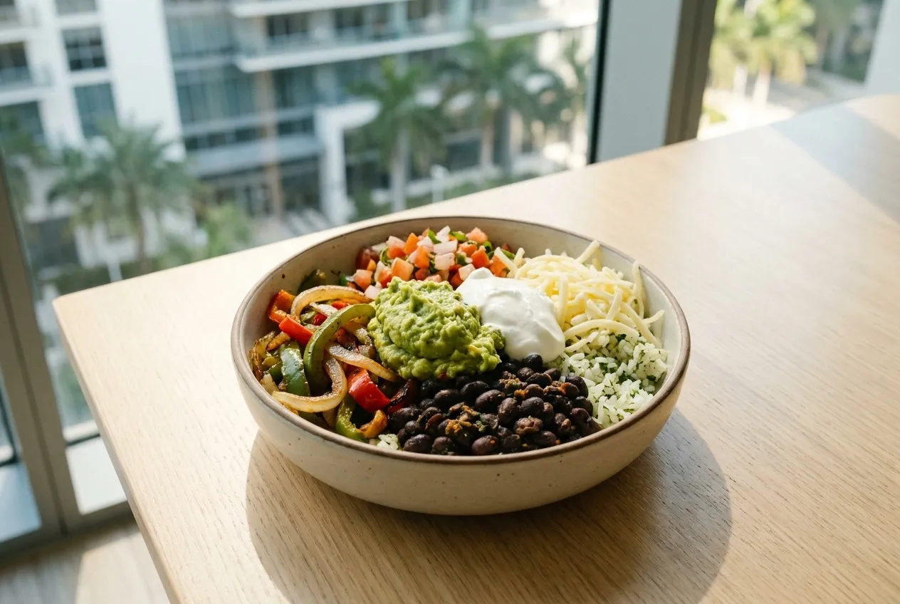 An overhead view of a fully loaded burrito bowl with rice, beans, grilled vegetables, and fresh toppings on a wooden table.