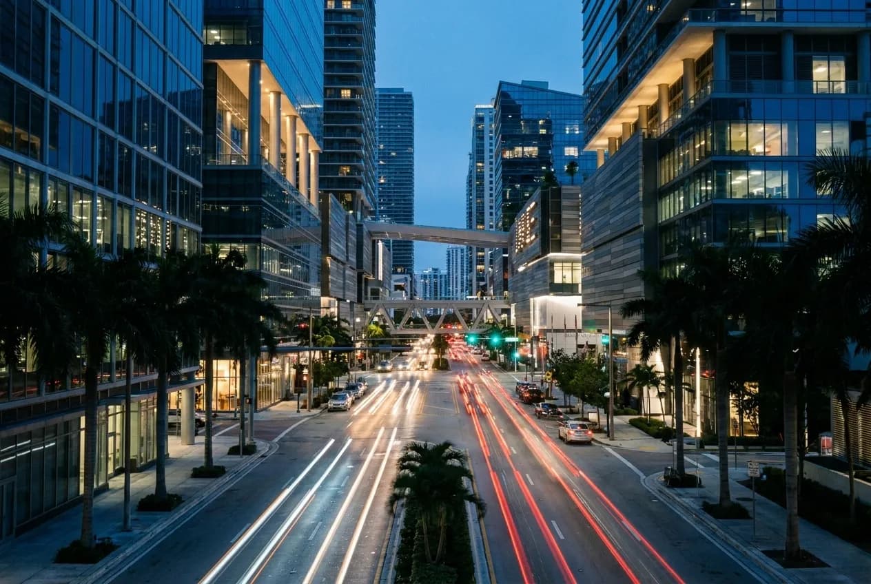 A dusk view of South Miami Avenue in Brickell with illuminated high-rise buildings and light traffic along the street.