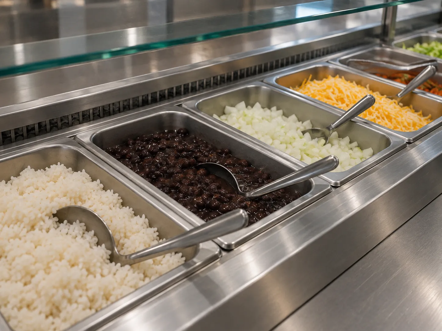 A row of stainless steel serving pans behind a sneeze guard