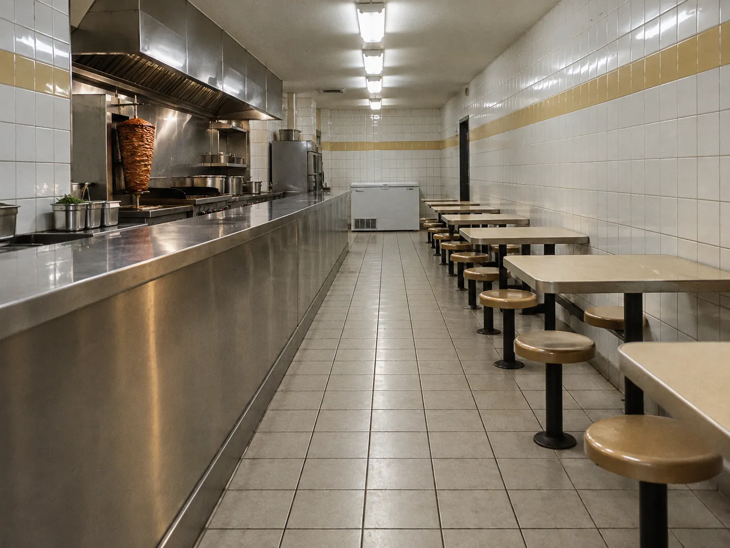 A tiled taqueria interior with a long counter and menu boards removed
