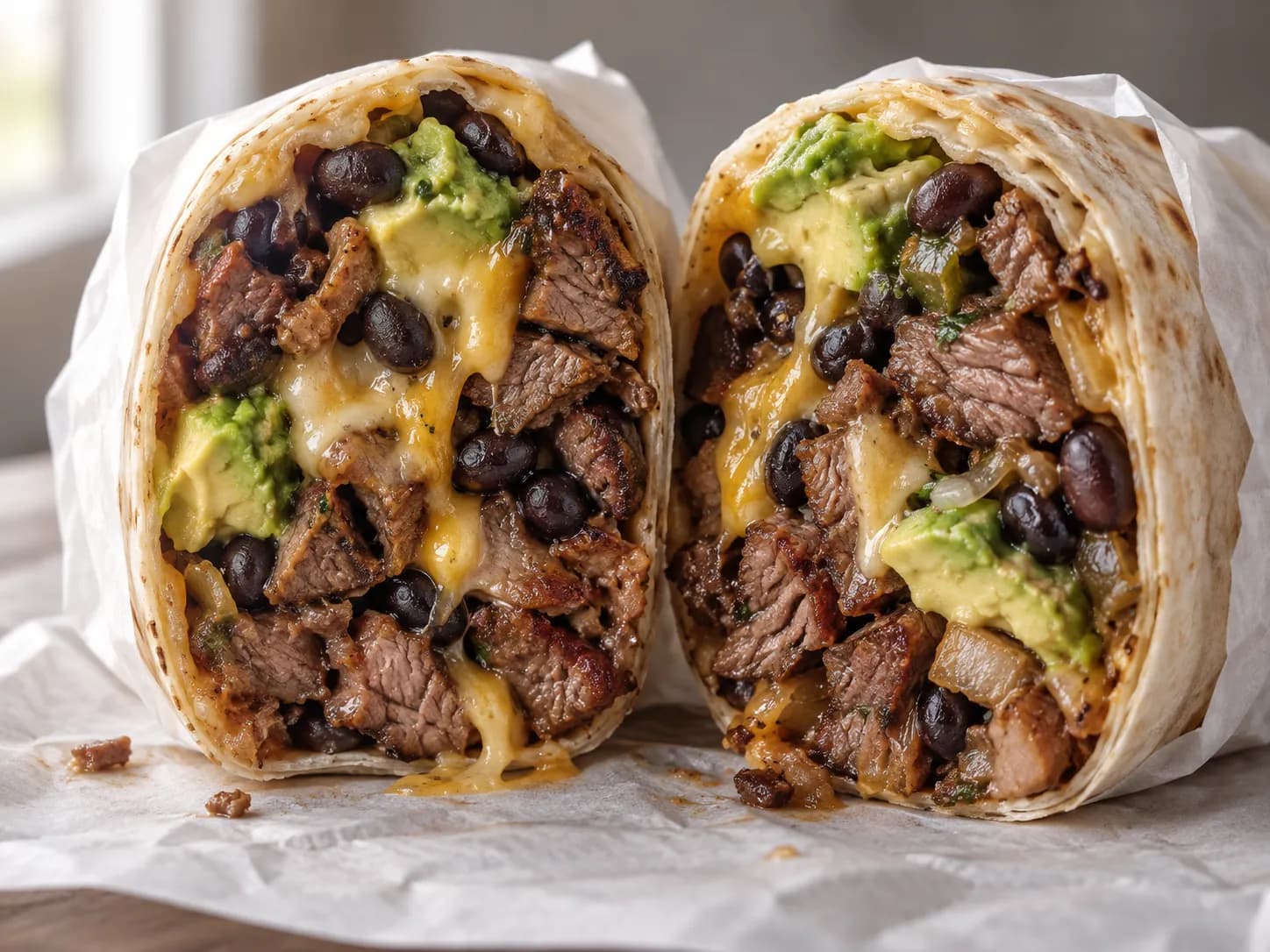 A burrito cut through the middle showing dense filling and no rice
