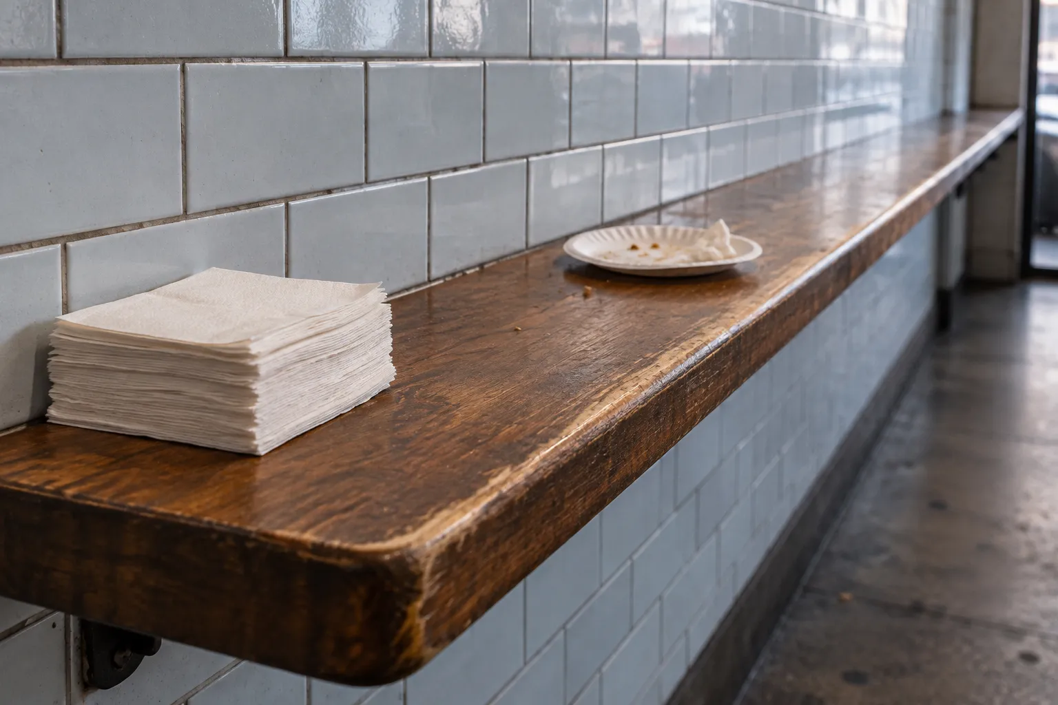 A narrow standing counter along a wall with no stools