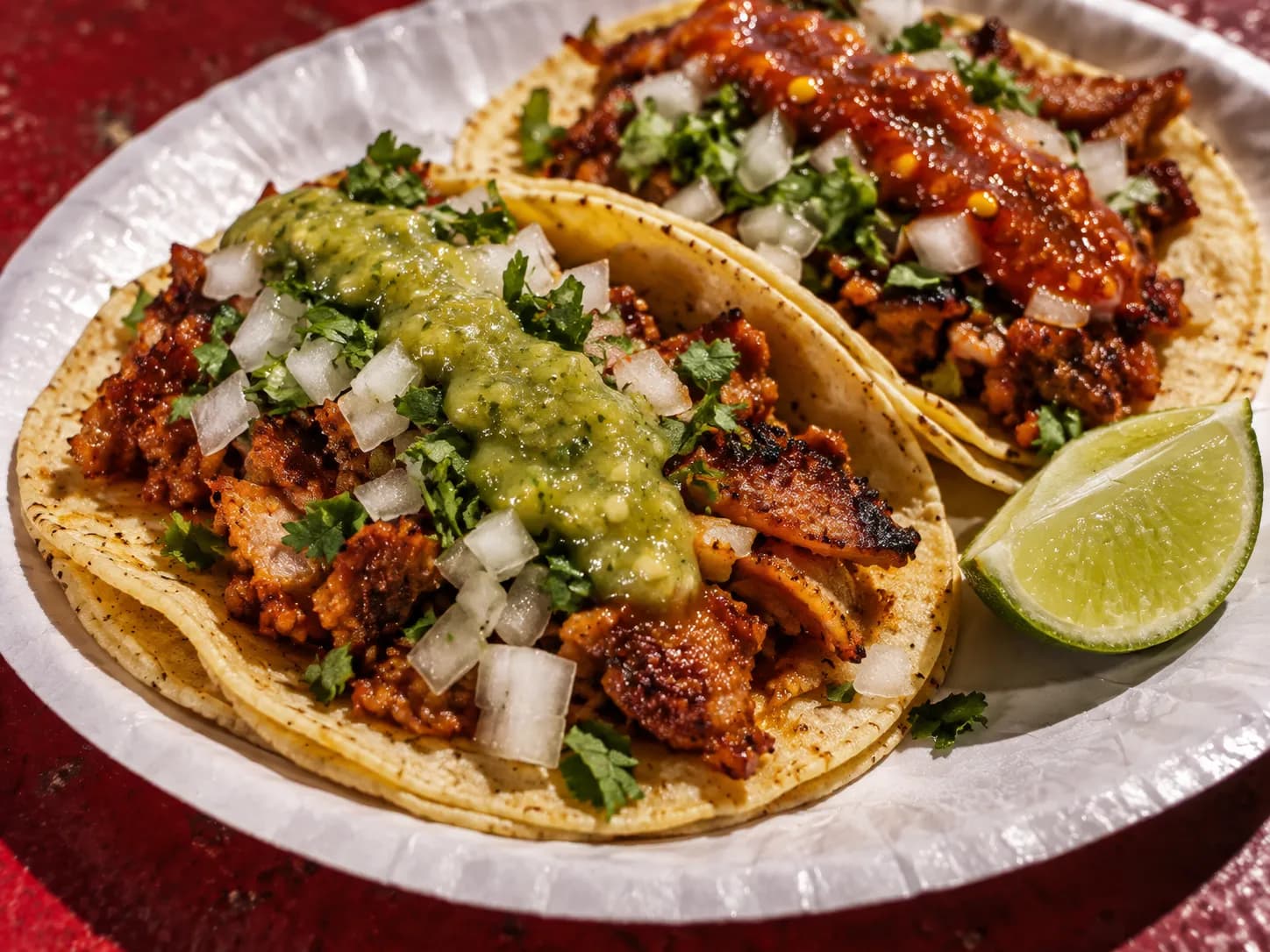 Two small tacos on a paper plate with green and red salsa