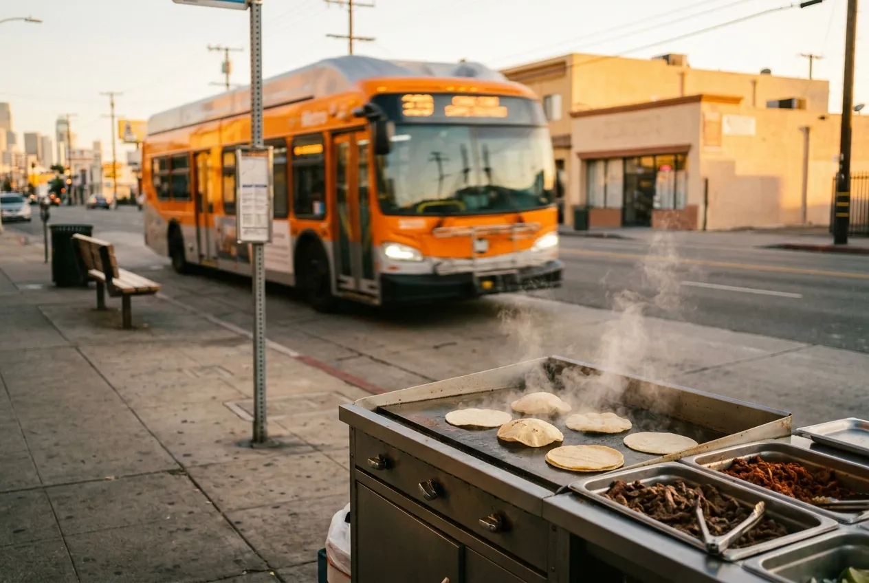 Fresh corn tortillas cooking on a griddle outside a taco shop in Boyle Heights with a Metro bus passing in the background