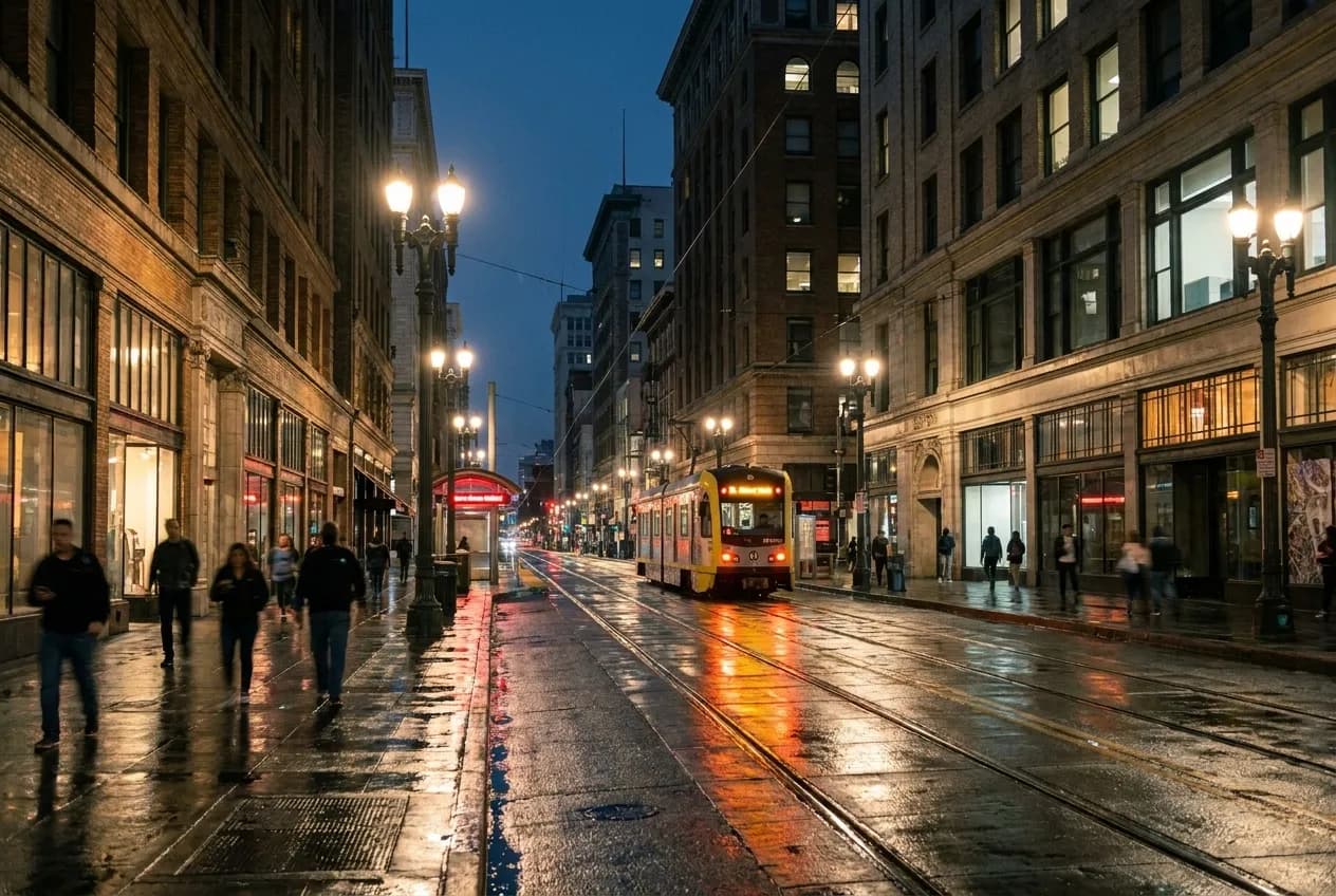 Spring Street in Downtown Los Angeles at night with pedestrians and Metro station entrance glowing in the background