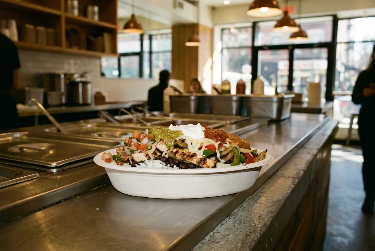 A burrito bowl filled with chicken, rice, beans, fajita vegetables, four salsas, cheese, and sour cream on a restaurant counter.