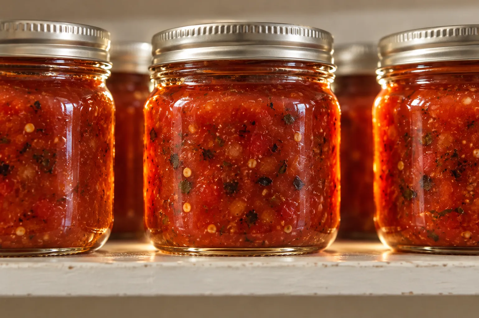 Bottled red salsa in glass jars lined up on a shelf