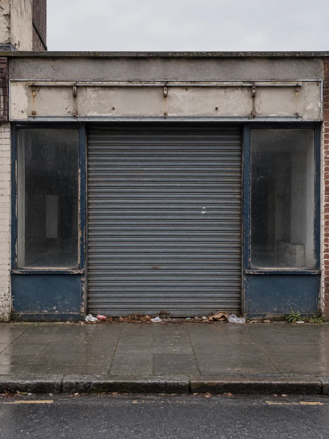 A closed shopfront with the shutter down in flat daylight