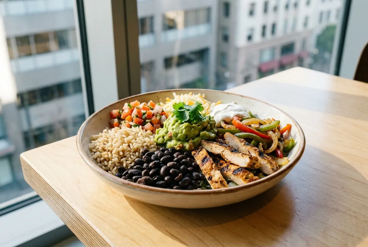 A customized burrito bowl with rice, beans, protein, and fresh toppings on a wooden table