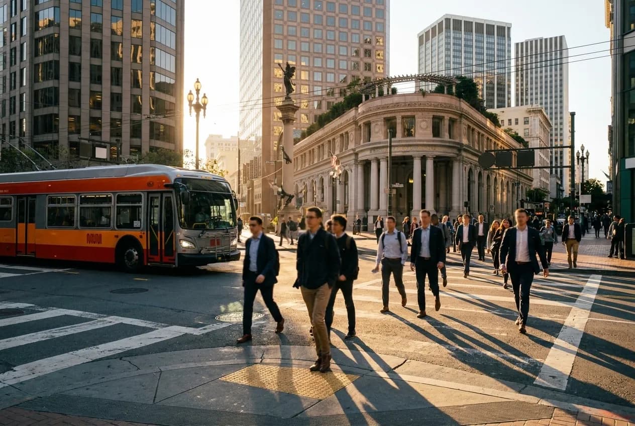Pedestrians crossing an intersection in San Francisco's SoMa neighborhood during evening commute
