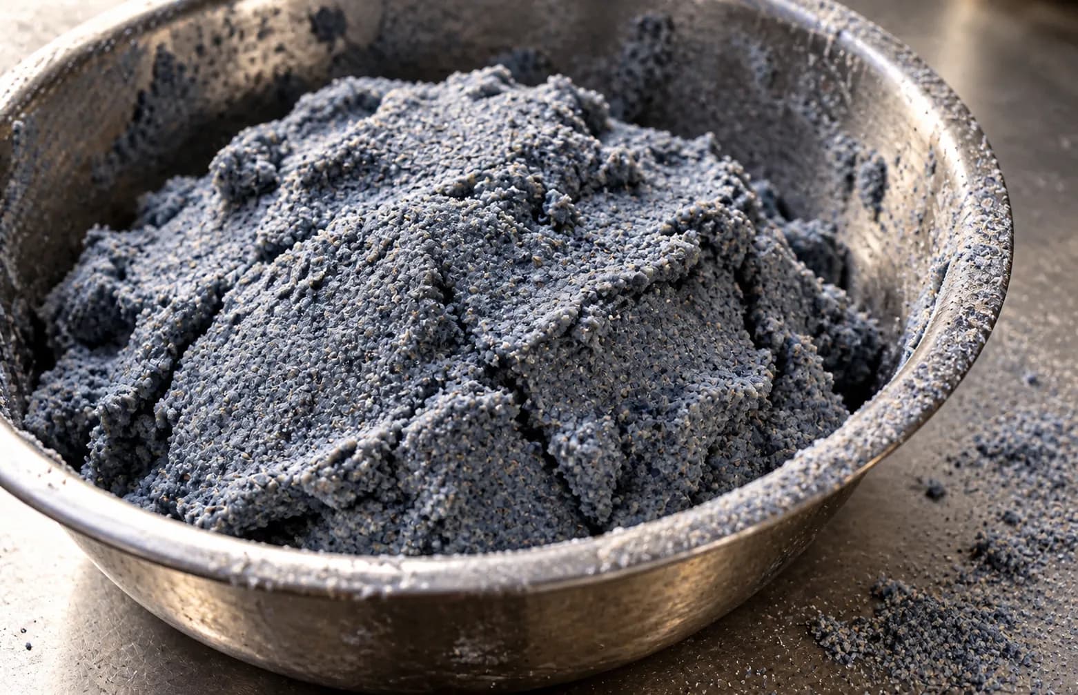 Coarse blue-grey corn masa in a steel mixing bowl