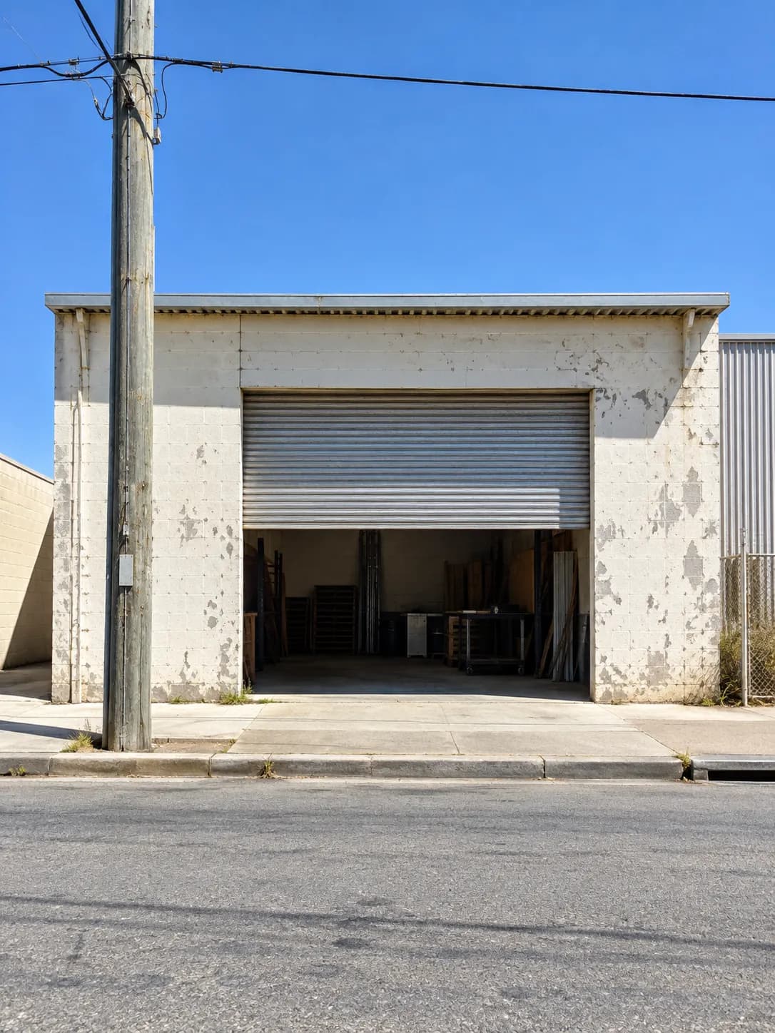 A plain industrial unit frontage with a roller door in daylight