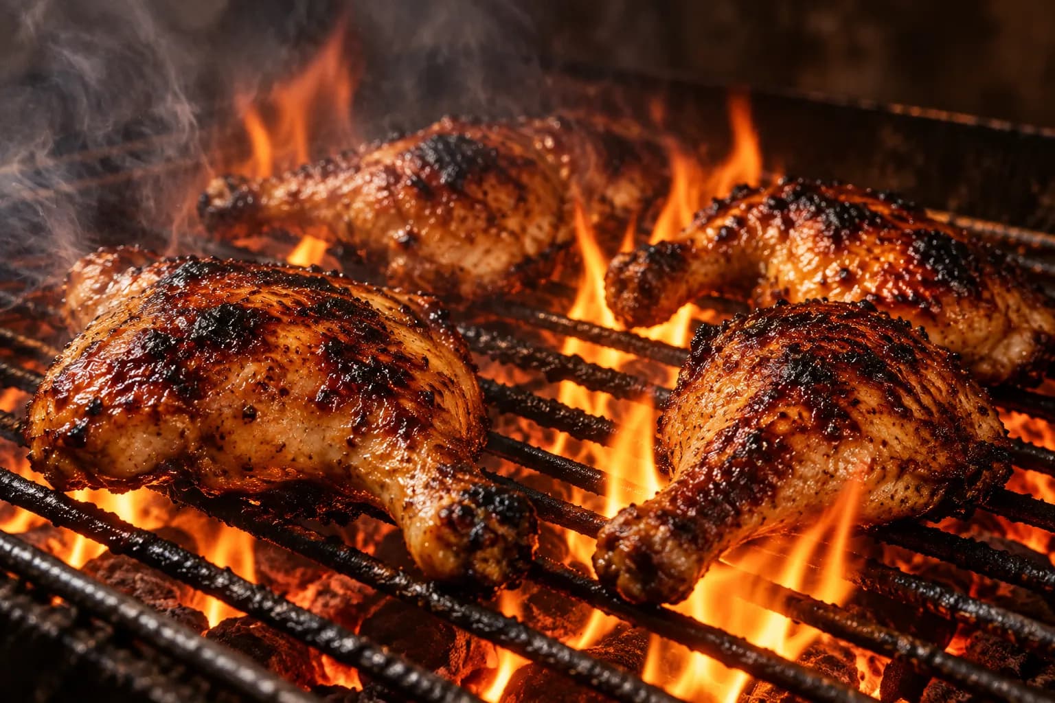 Quartered chicken pieces charring on an open flame grill