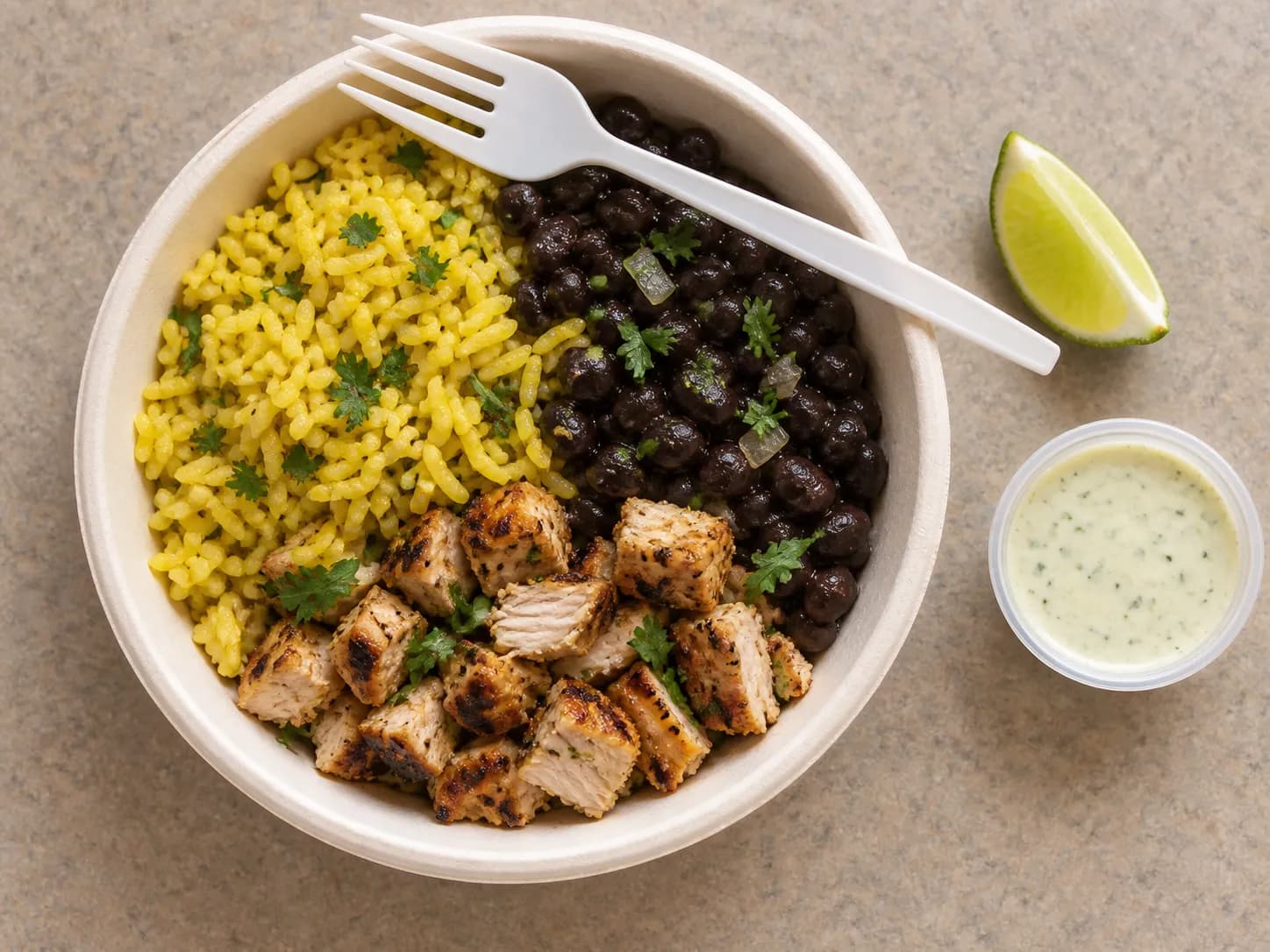 A paper bowl of rice, black beans and grilled chicken from above