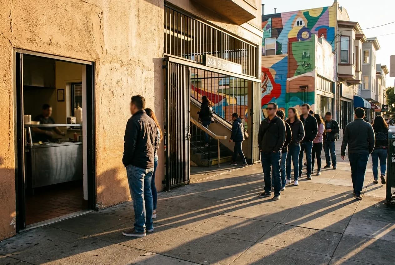 People queuing outside a Mission District taqueria on a San Francisco evening with BART station in background
