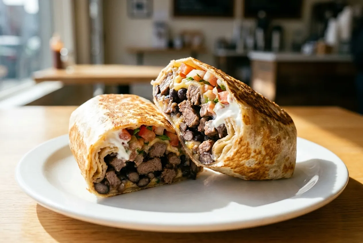 Cross-section of a griddle-pressed burrito showing crispy tortilla and layered filling without rice