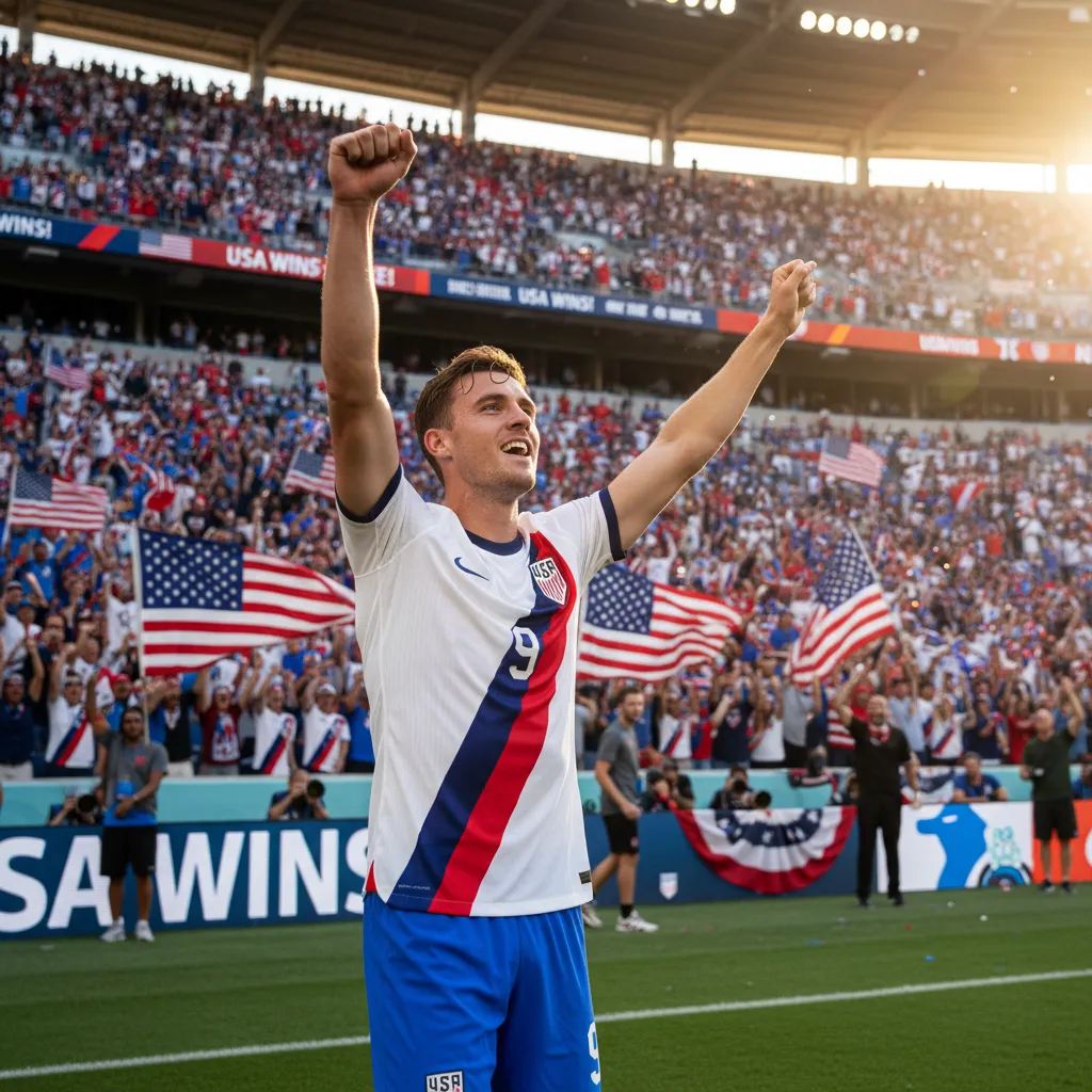 American forward celebrating before a red-white-and-blue home crowd
