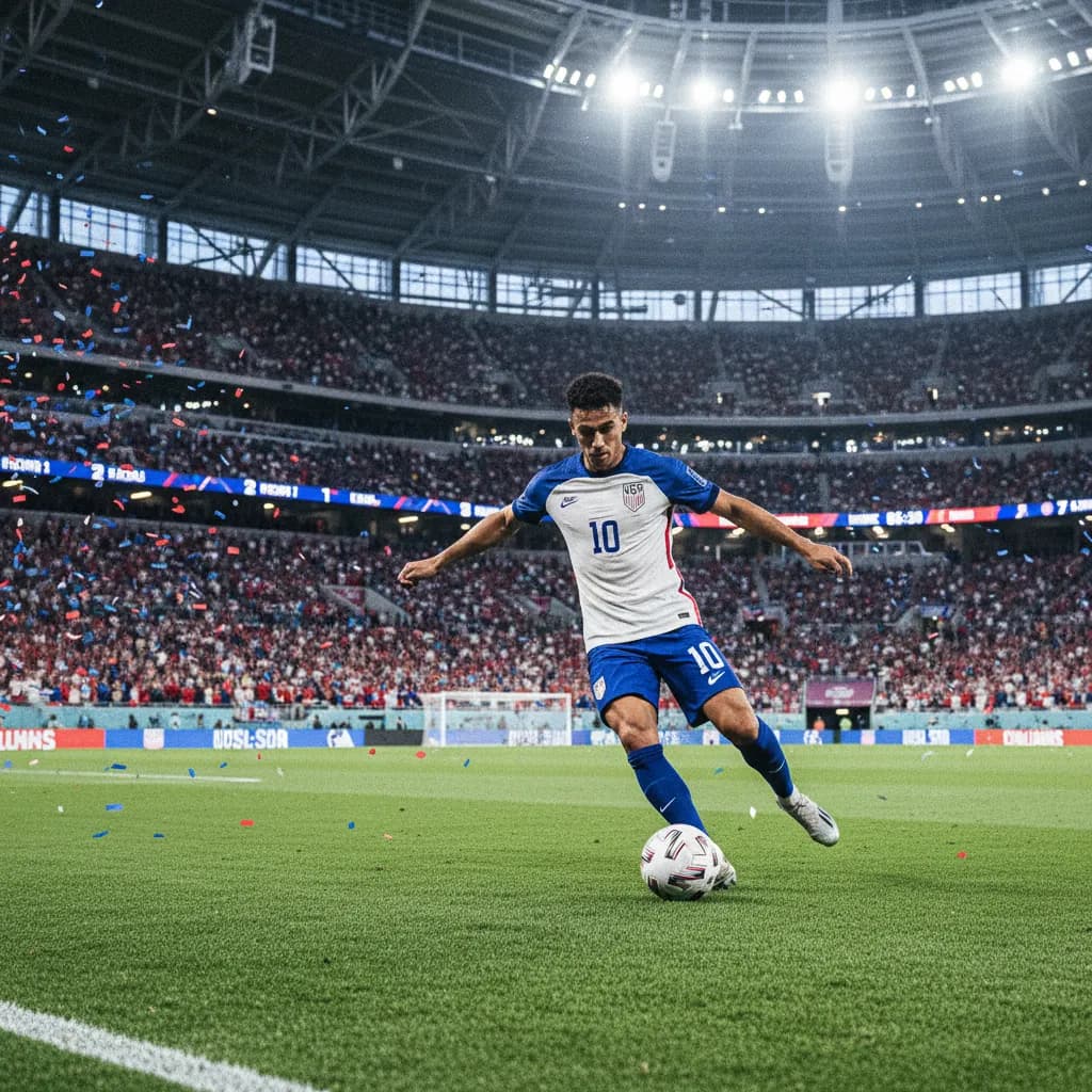 American forward celebrating before a red-white-and-blue home crowd