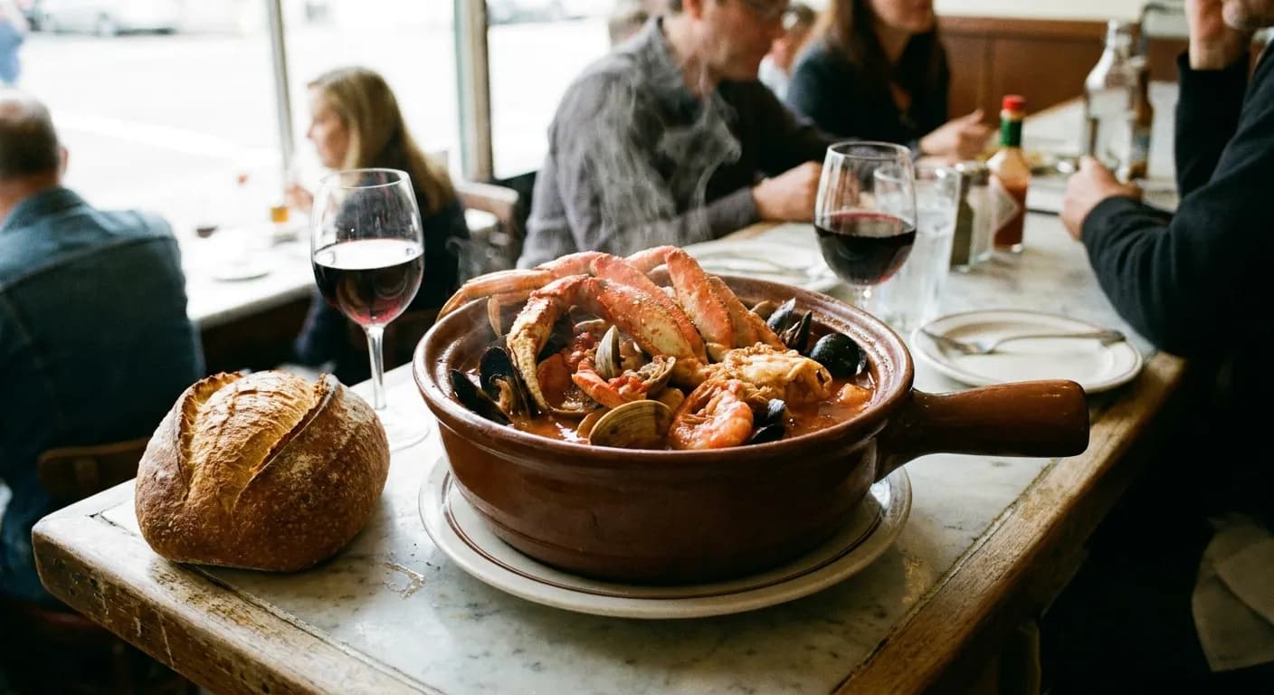 A steaming pot of cioppino crowded with crab legs, mussels and prawns in red tomato broth