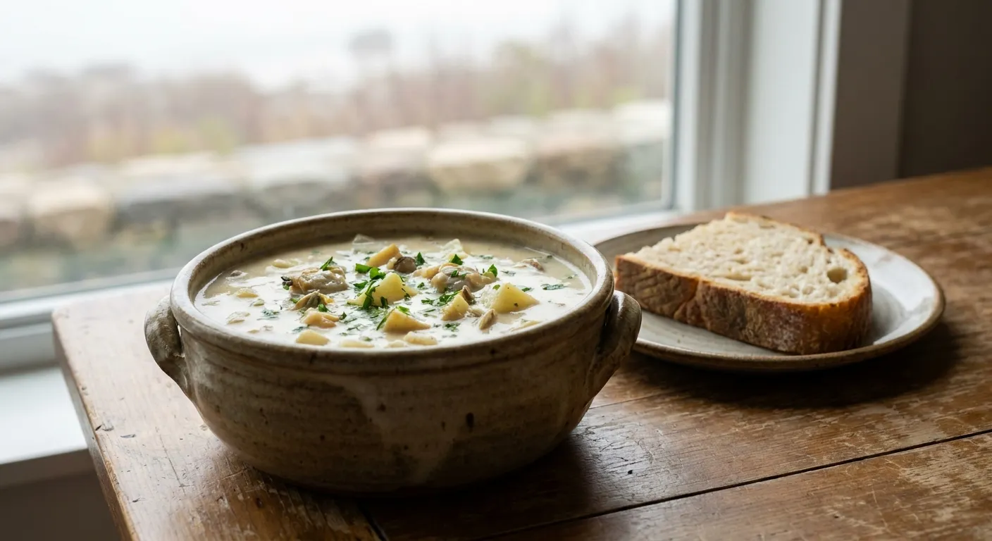 A crock of creamy clam chowder with visible clams and herbs, sourdough bread on the side
