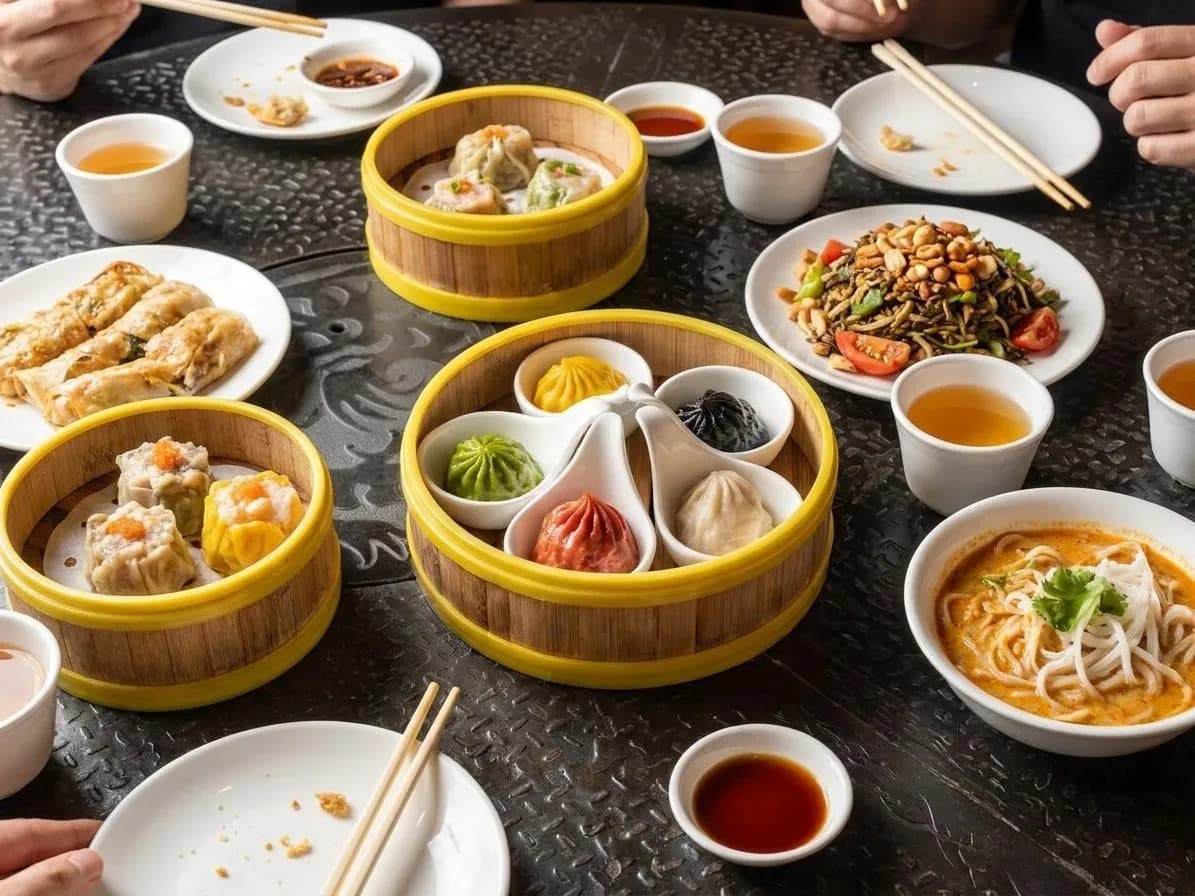 Dim sum and Burmese dishes on a casual restaurant table