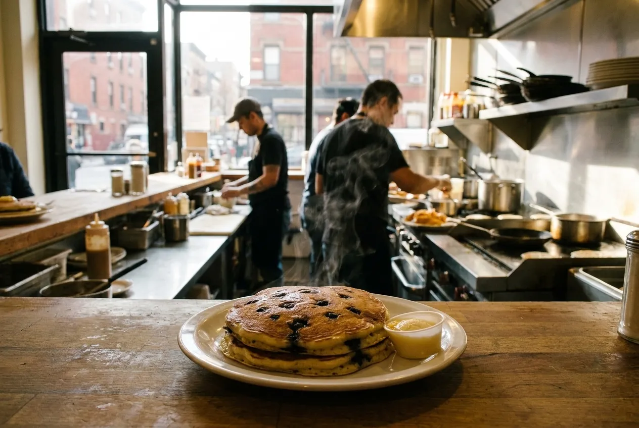 Stack of blueberry pancakes with maple butter on a counter at a Lower East Side breakfast restaurant.