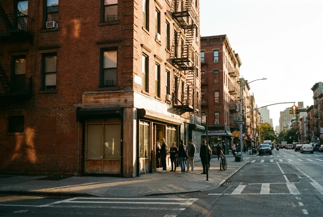 Lower East Side restaurant exterior on a quiet street corner in late afternoon light.