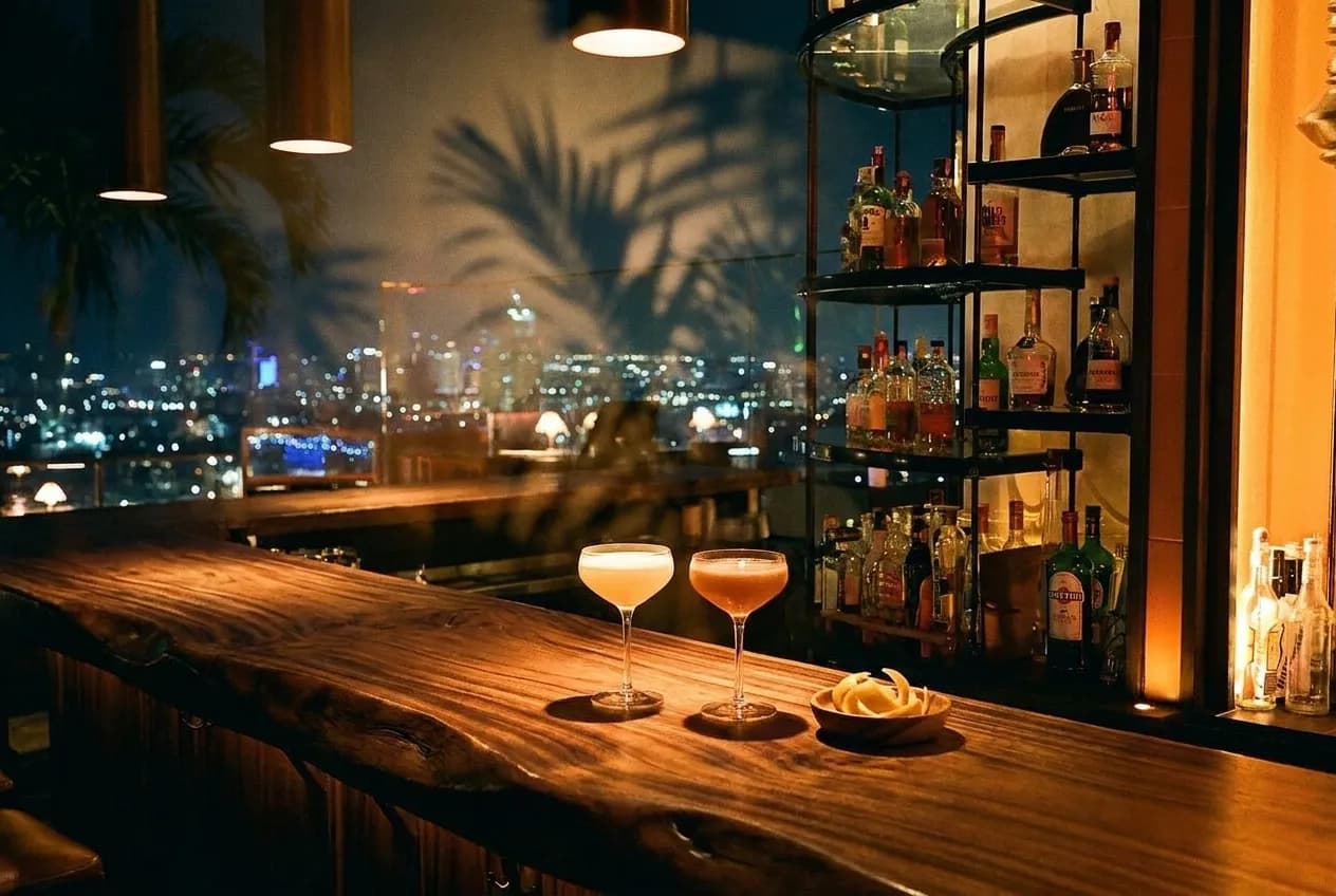 Two coupe cocktails and a dish of citrus peel on a hand-carved timber rooftop bar, a lit Miami skyline blurred behind under warm downlight