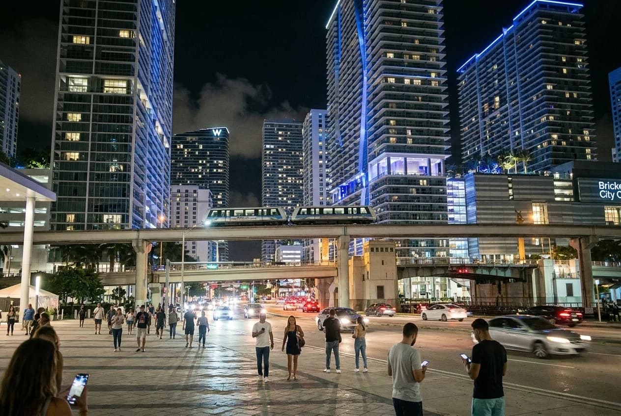 Brickell Avenue at night with high-rise buildings and Metromover track overhead in Miami